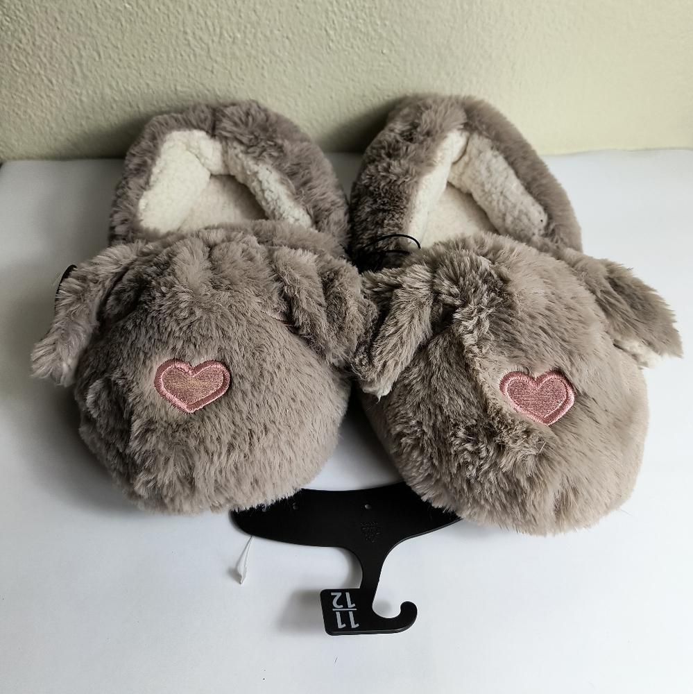 Secret Treasures Gray and Pink Bunny Animal Slippers Size XL (11-12
